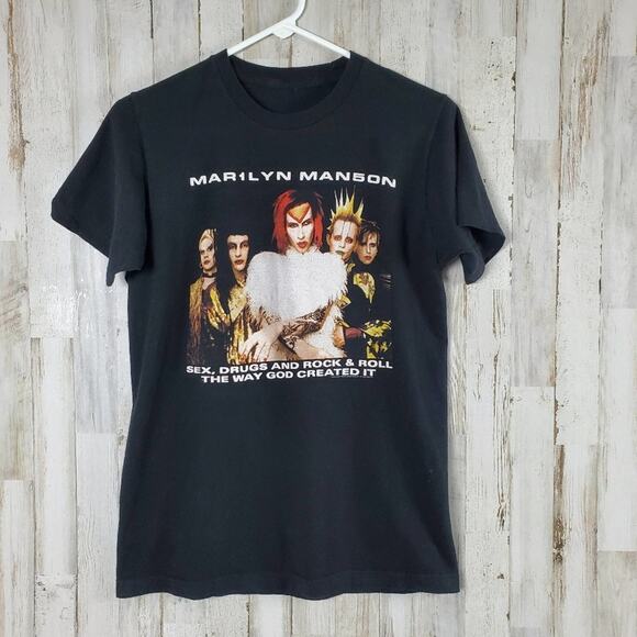 Rare Marilyn Manson Rock Is Dead Tour Vintage 90s Crew Short Sleeve Shirt Bla… - Picture 1 of 5